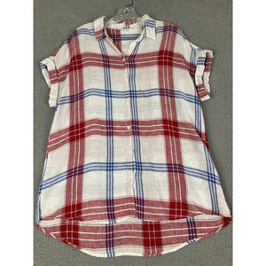 Beach Lunch Lounge Sz L Red Womens Short Sleeve Button Up Linen Shirt Plaid